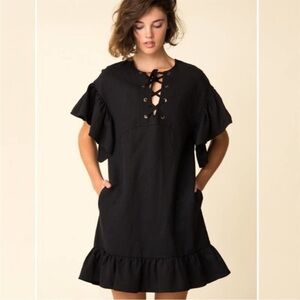 Ulla Johnson Marianne Lace Up Shift mini babydoll Dress in Black size 4 S/M cute